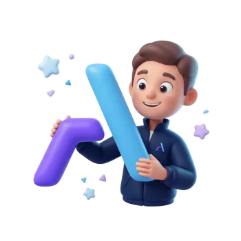 Personaje 3D animado sosteniendo letras azul y morada con estrellas decorativas de colores.